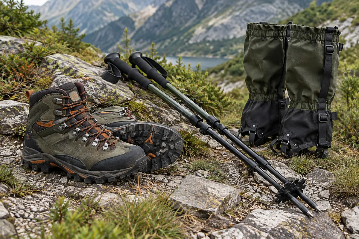 Chaussures de randonnée, bâtons et guêtres disposés près d’un sentier pierreux