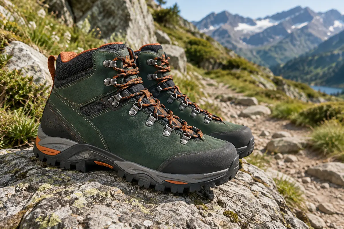 Paire de chaussures de randonnée montrant les semelles crantées et le laçage