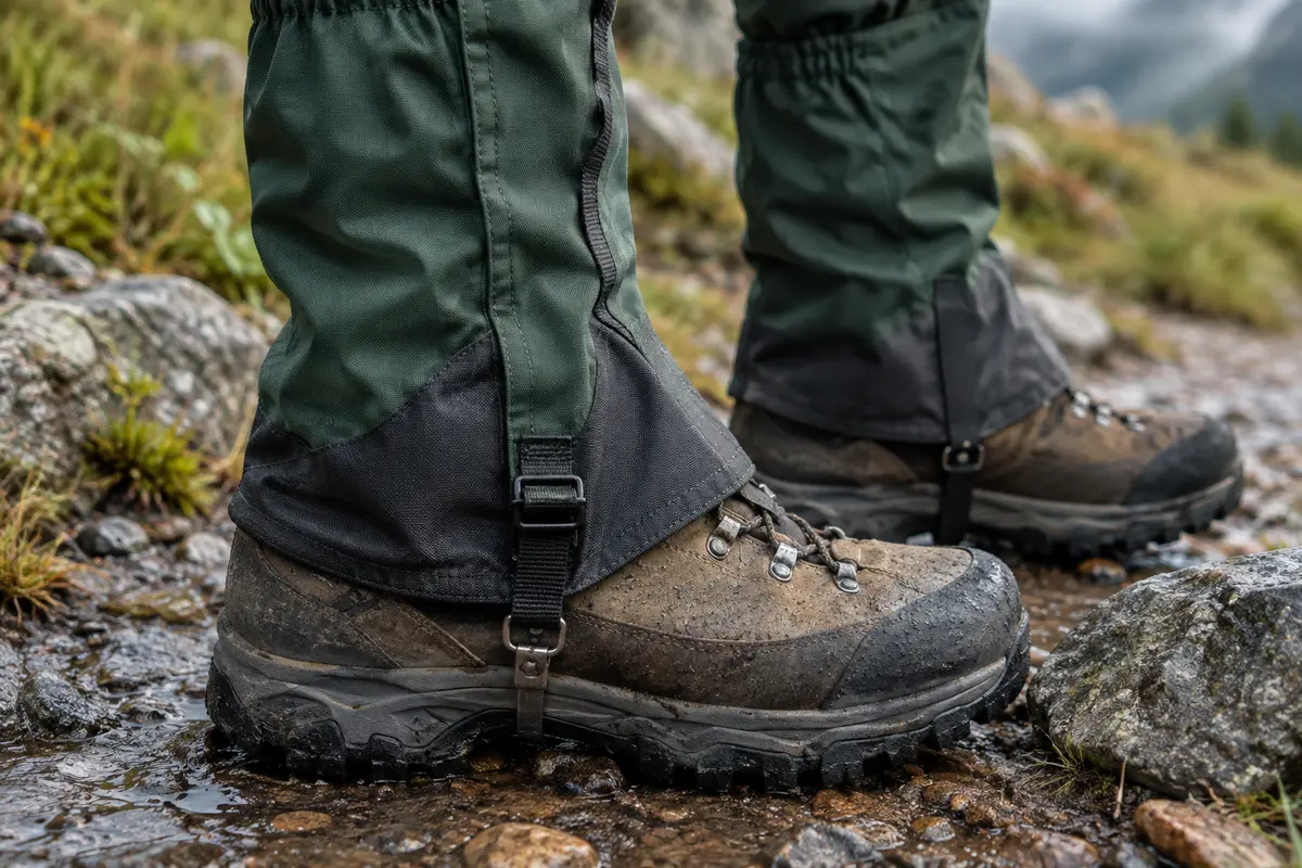 Guêtres de randonnée fixées sur des chaussures avec attaches visibles
