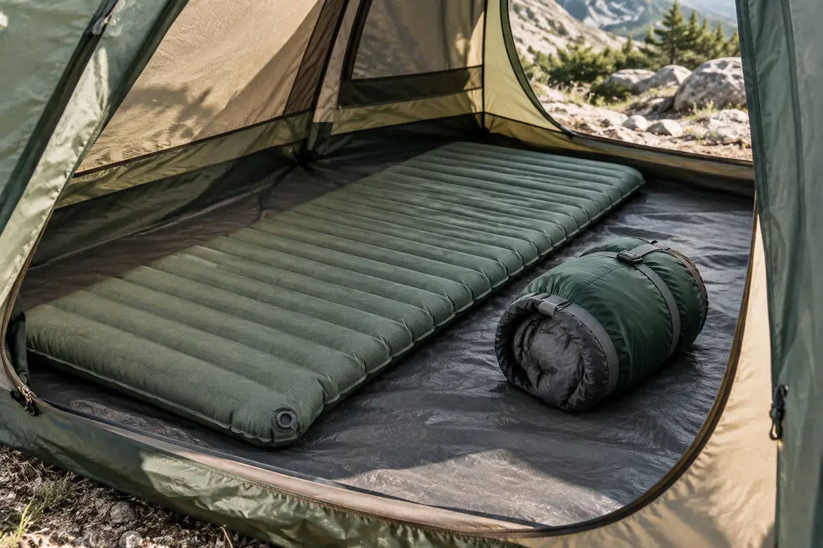 Matelas de randonnée déployé dans une tente avec un sac de couchage replié