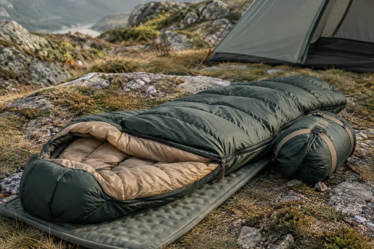 Sac de couchage de randonnée et sac de compression près d’un matelas