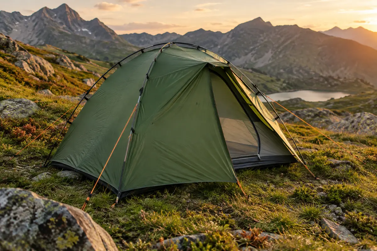 Tente de randonnée montée sur un emplacement de bivouac en montagne