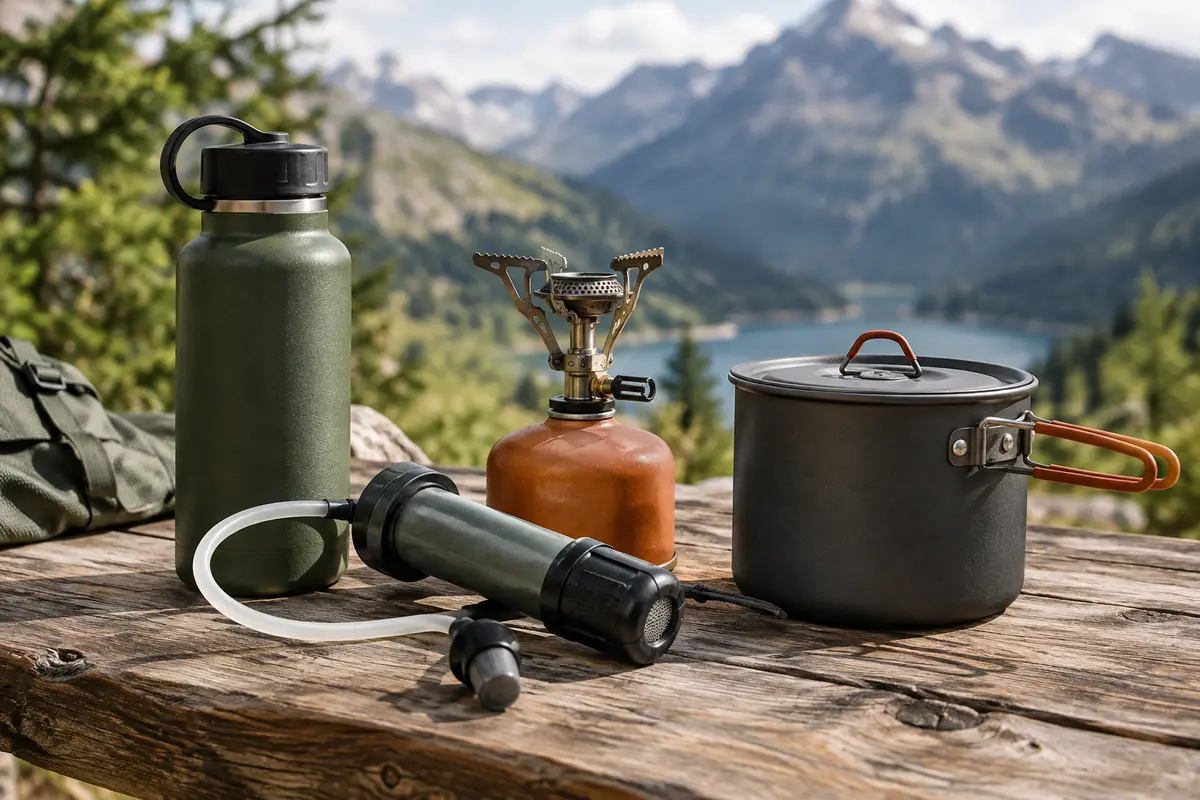 Gourde, filtre à eau et réchaud de randonnée disposés sur une table de bivouac