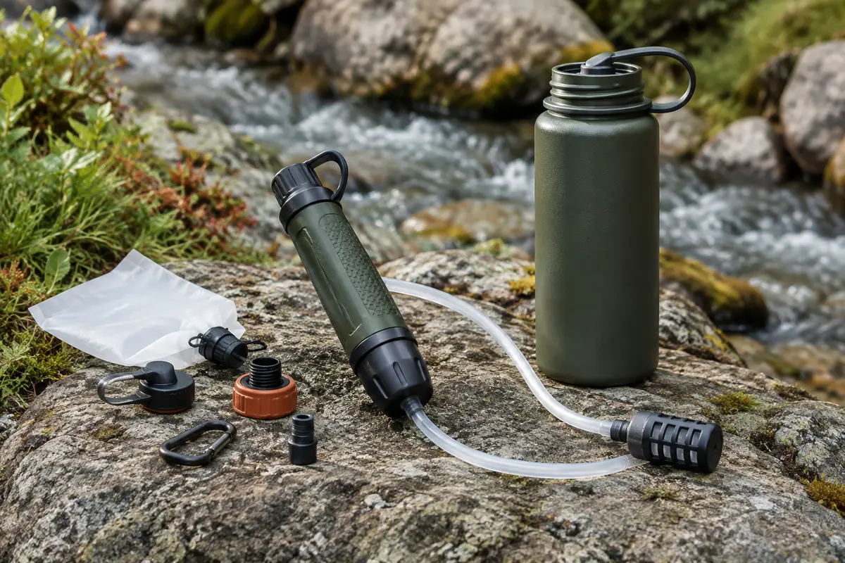 Filtre à eau de randonnée accompagné d’une gourde près d’un ruisseau