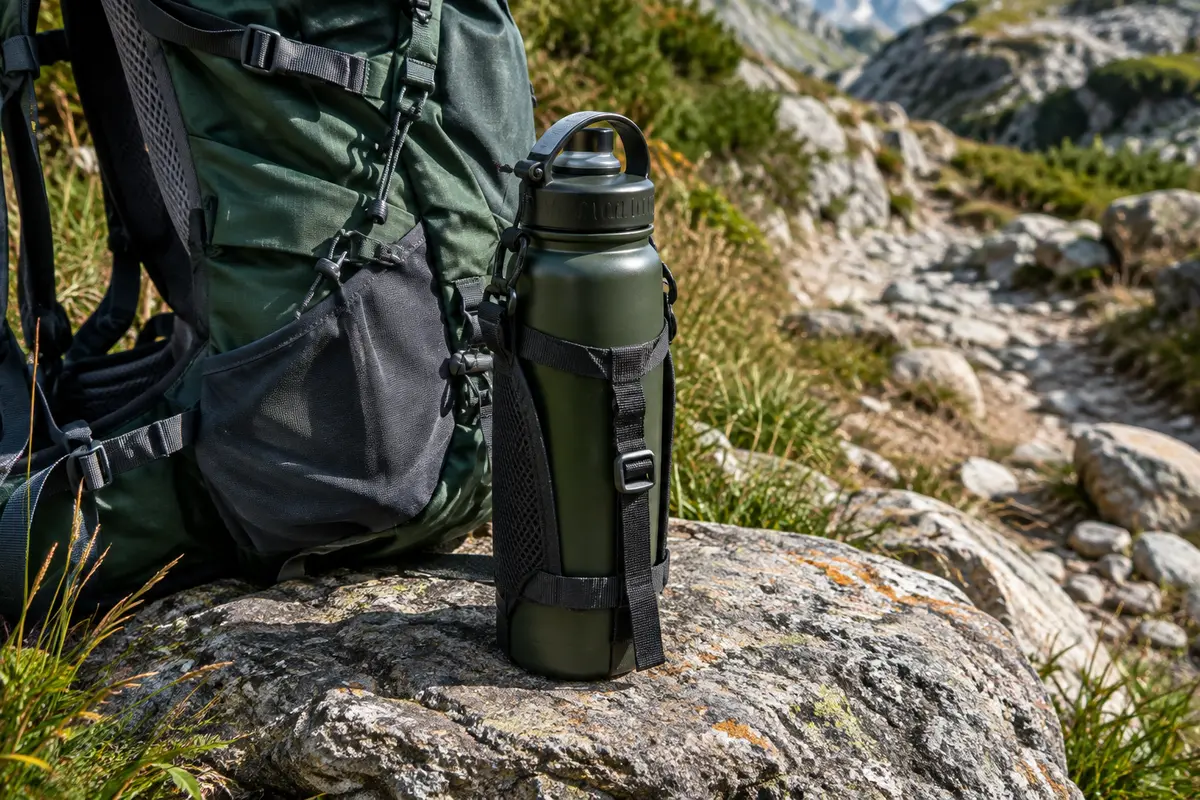 Gourde de randonnée avec bouchon visible posée près d’un sac à dos