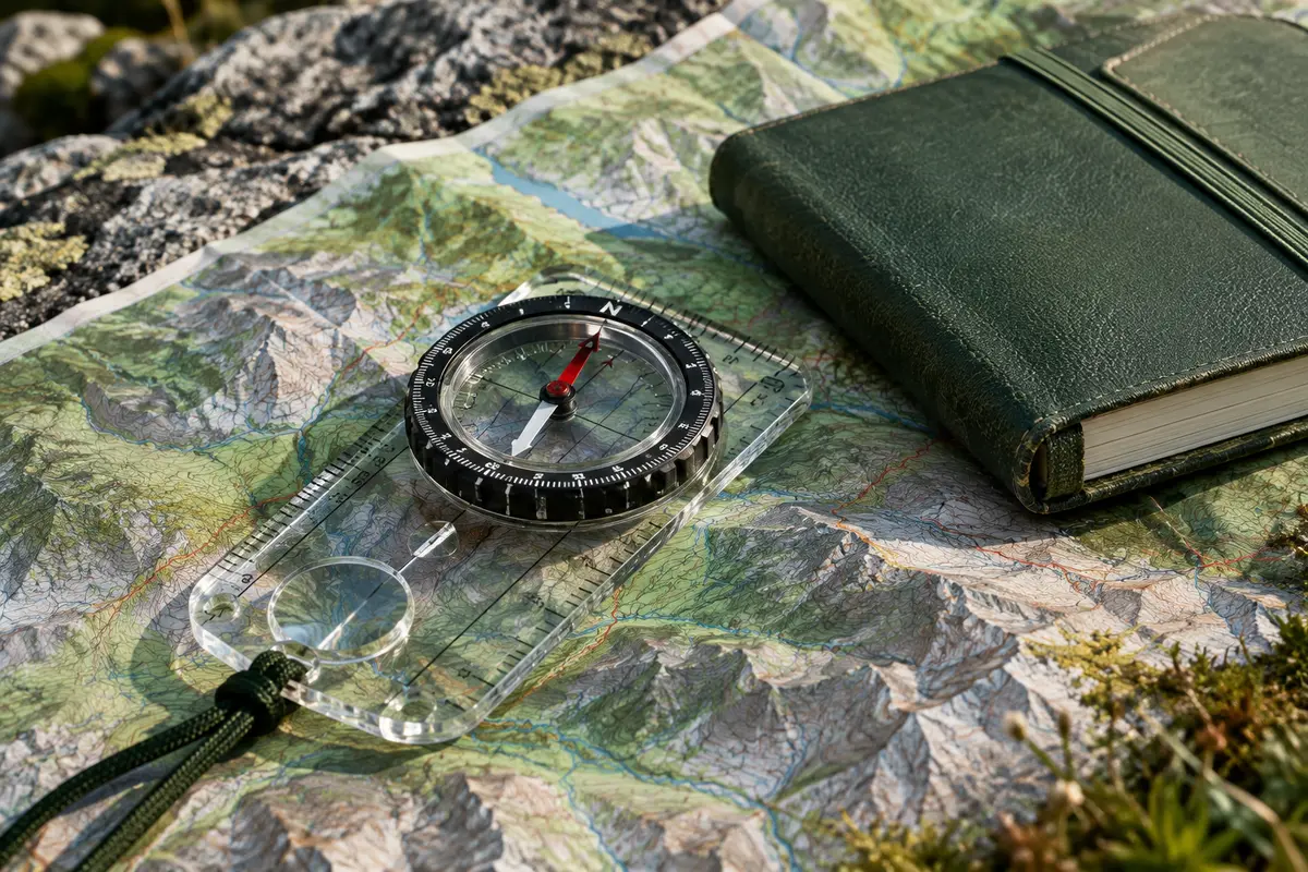 Boussole de randonnée posée sur une carte topographique près d’un carnet