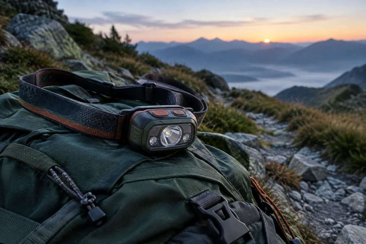 Lampe frontale de randonnée avec bandeau posée sur un sac à dos