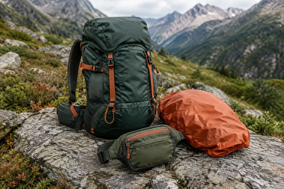 Sac à dos de randonnée et accessoires de portage posés sur une pierre