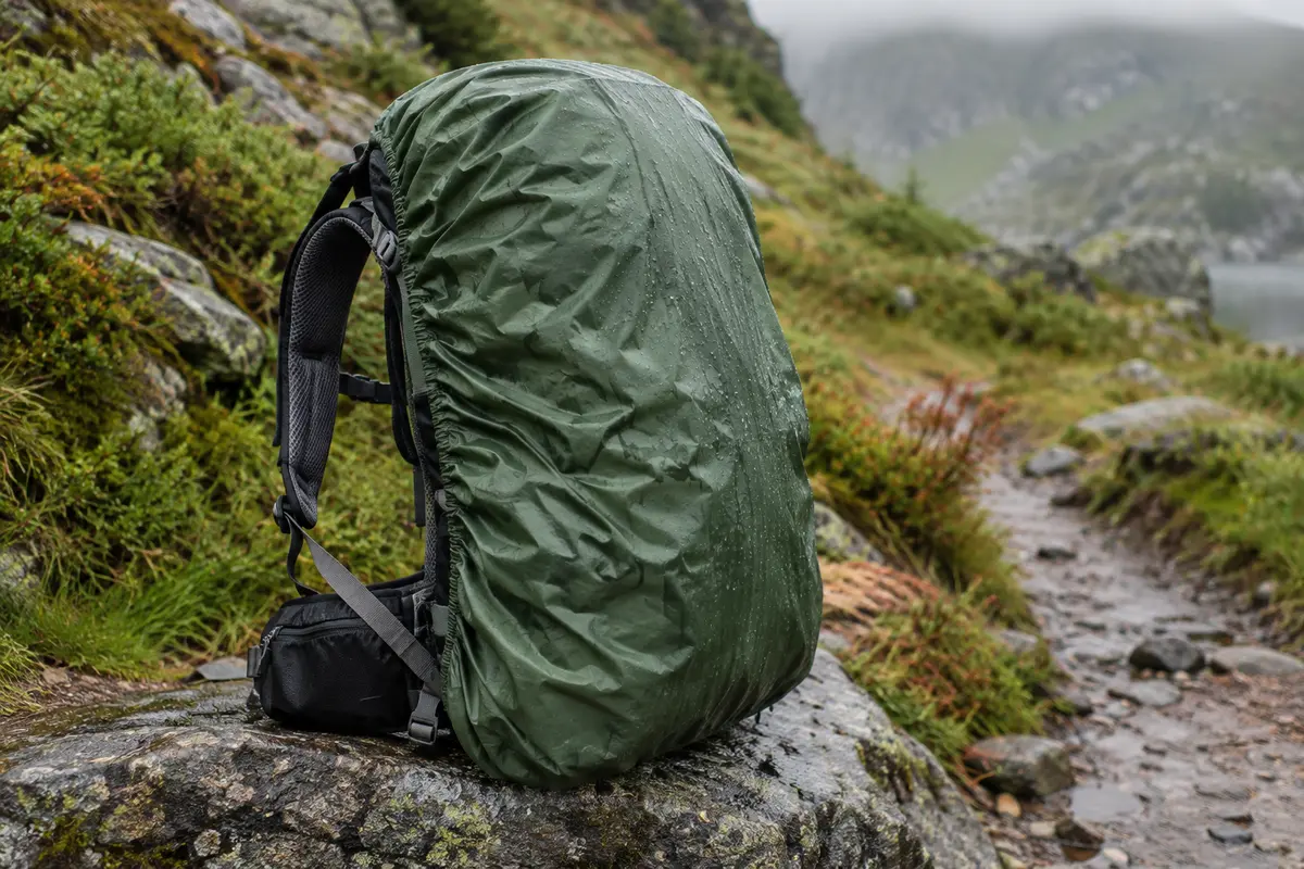 Housse de pluie ajustée sur un sac à dos posé au bord d’un chemin