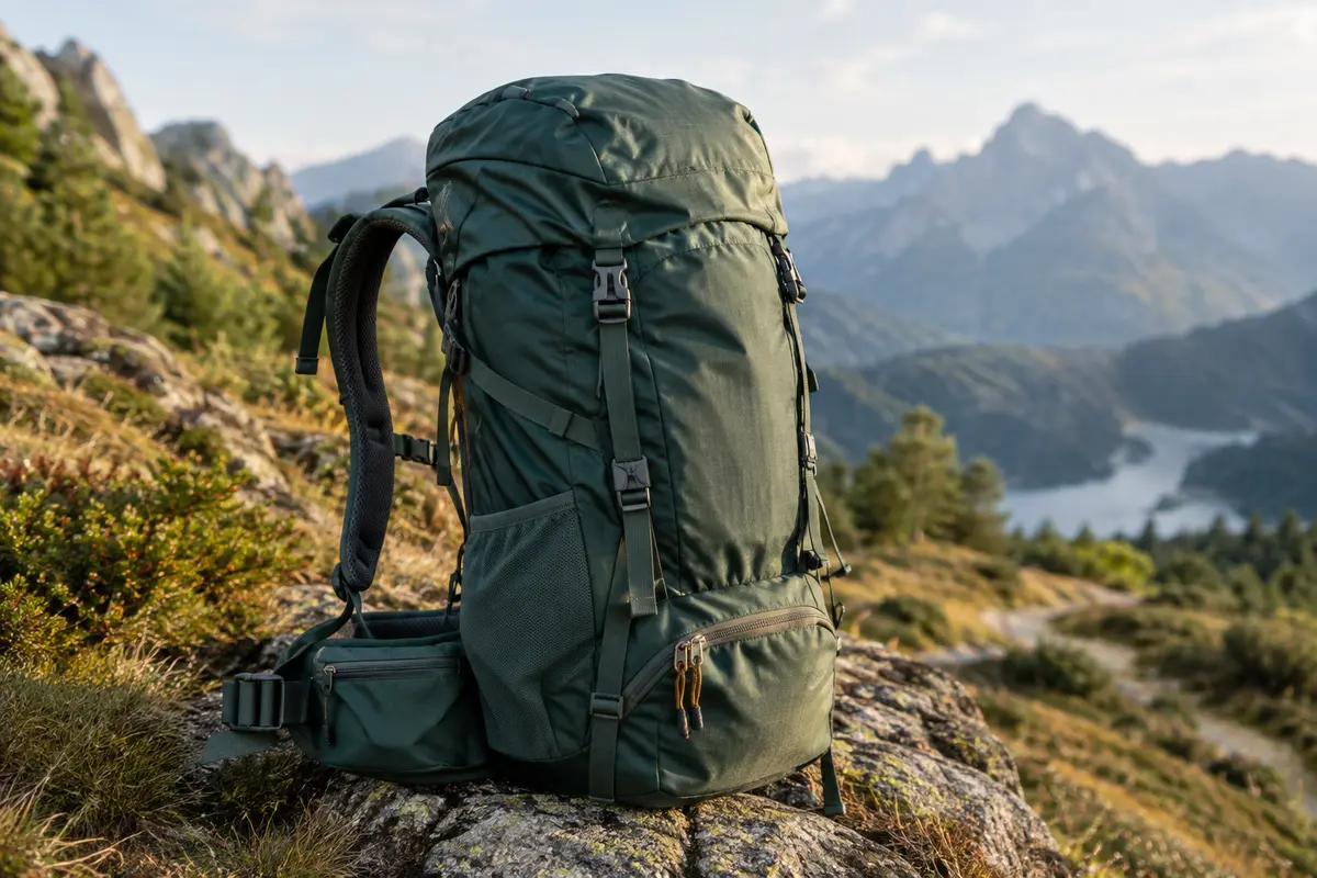 Sac à dos de randonnée équipé de poches, posé près d’un sentier de montagne