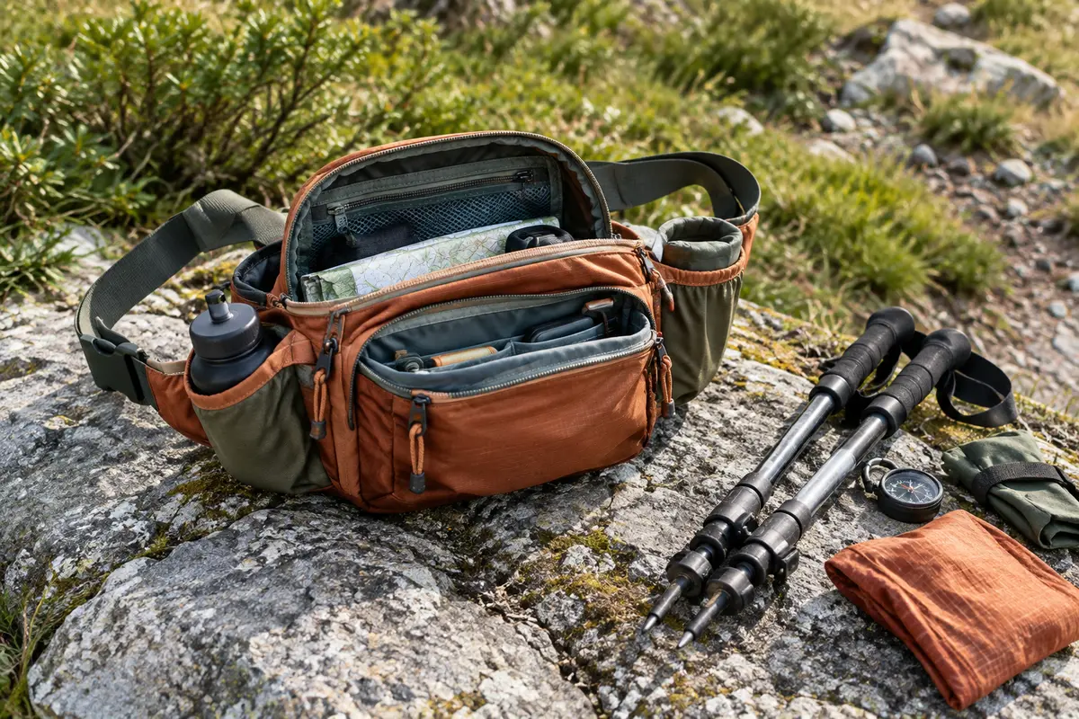 Sac banane de randonnée ouvert et accessoires posés sur une roche de sentier