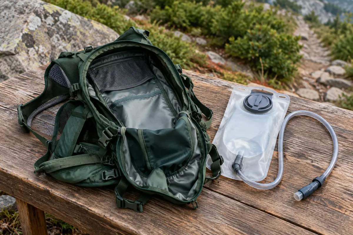 Sac d’hydratation ouvert avec poche à eau et tuyau visibles sur une table