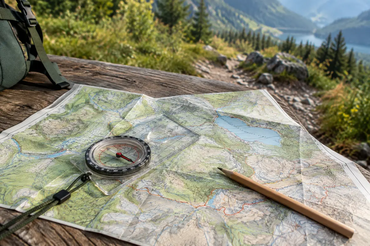 Boussole à plaquette transparente posée sur une carte topographique près d’un sentier