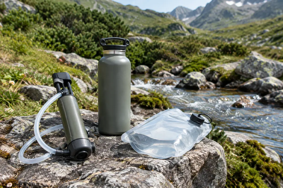 Filtre à eau de randonnée et gourde posés près d’un ruisseau de montagne
