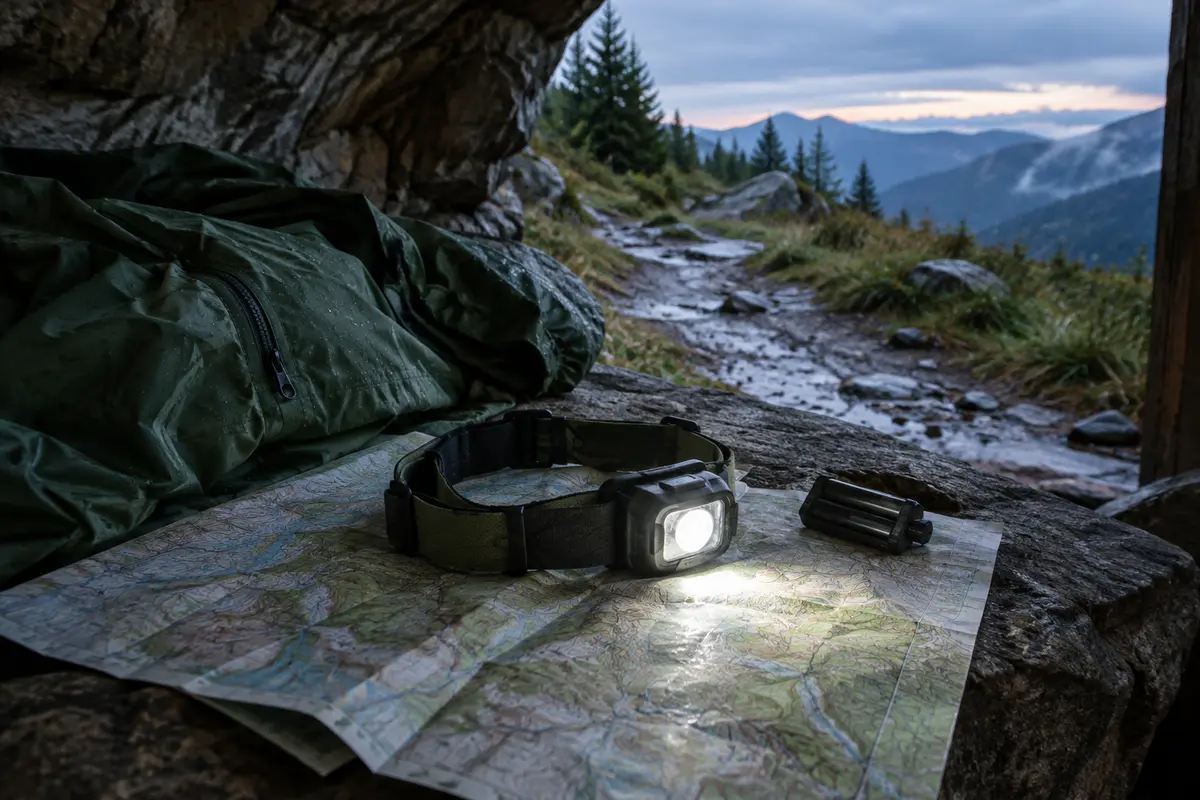 Lampe frontale de randonnée posée sur une carte avec une batterie de rechange, prête pour une sortie nocturne.