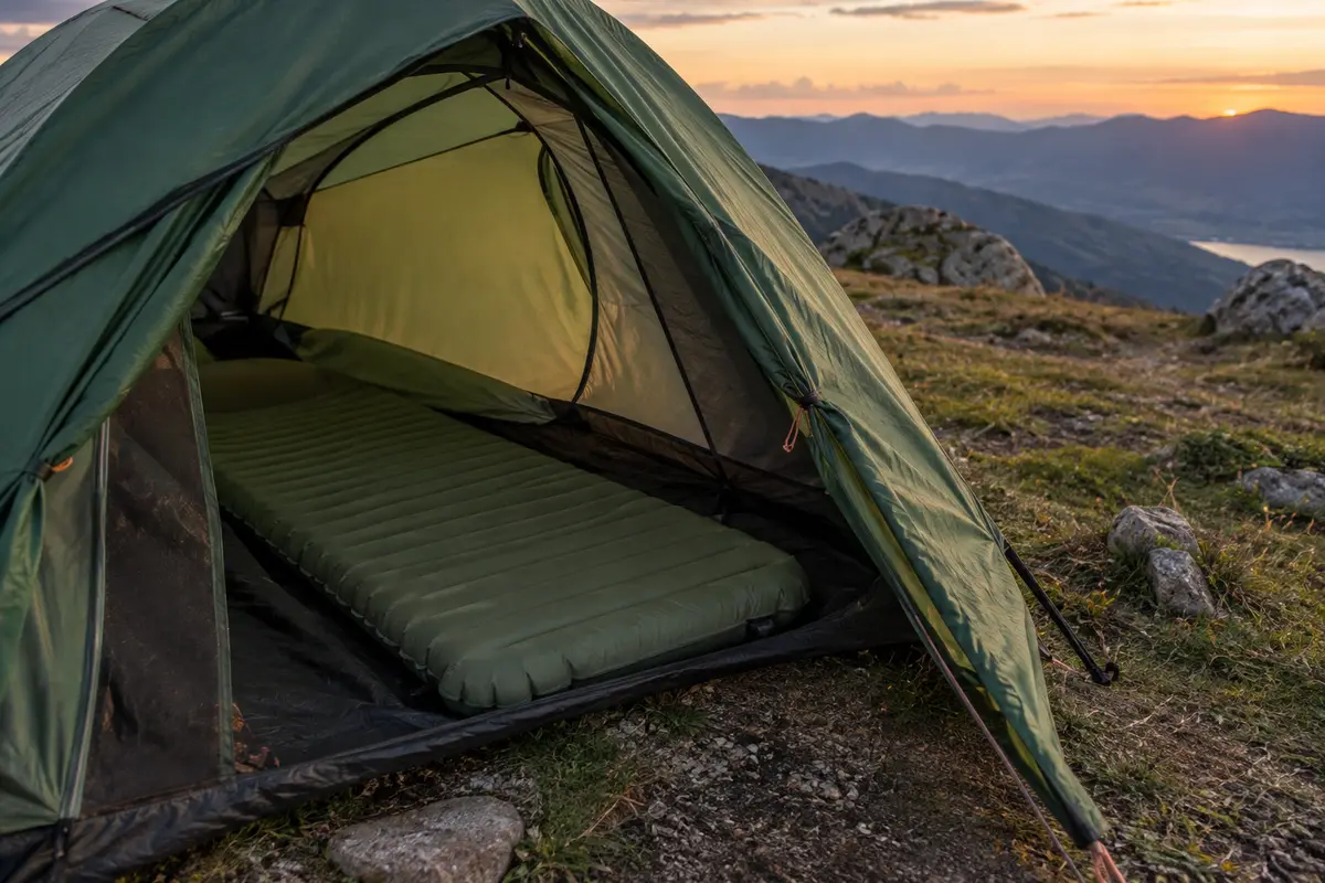 Matelas de randonnée installé dans une tente sur un emplacement de bivouac légèrement irrégulier