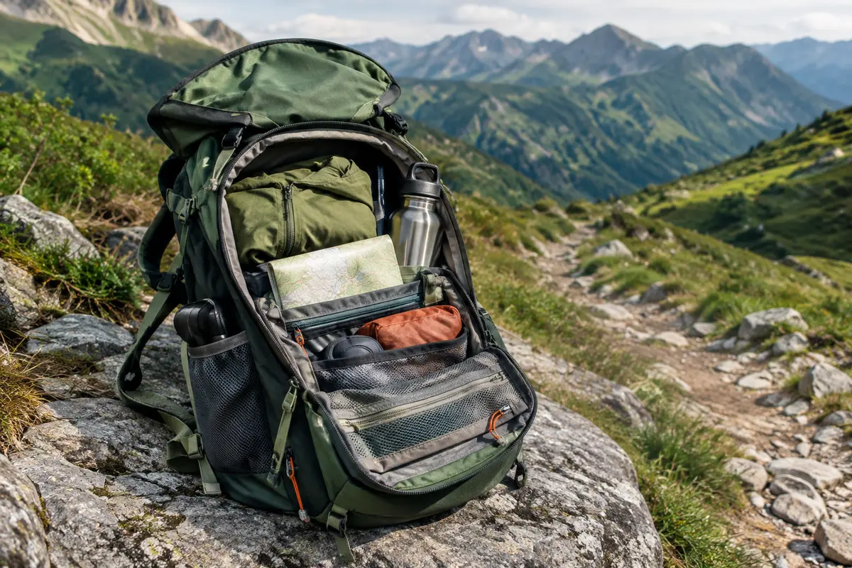 Sac à dos de randonnée ouvert et organisé avec une gourde et une veste sur un sentier de montagne