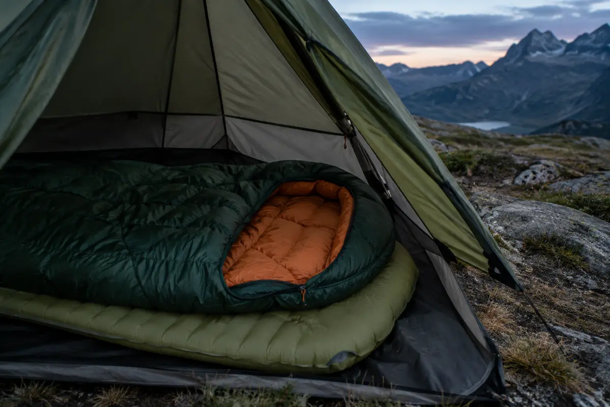 Sac de couchage et matelas installés dans une tente de randonnée avant une nuit fraîche en montagne