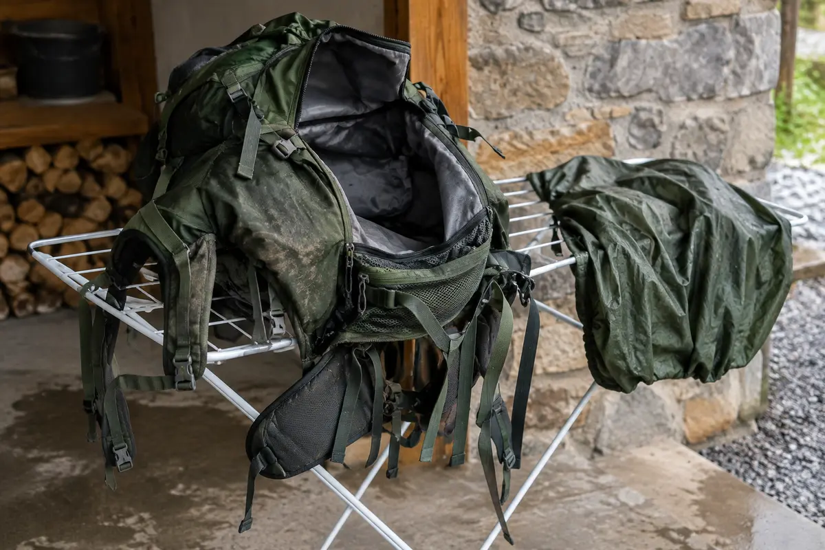 Sac à dos de randonnée ouvert et séchant à l’ombre après un nettoyage de la boue