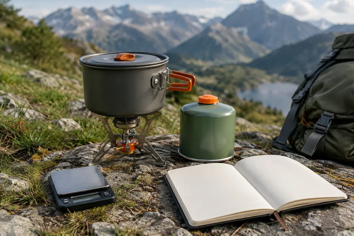 Réchaud de randonnée, casserole et cartouche près d’une balance et d’un carnet de préparation
