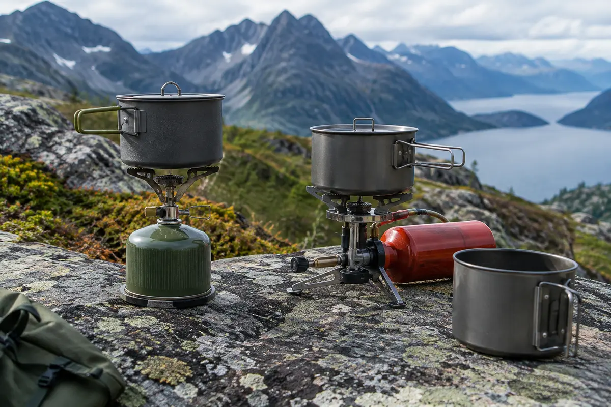 Deux types de réchauds de randonnée et leurs ustensiles posés sur un emplacement de bivouac extérieur