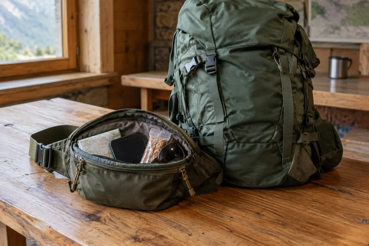 Sac banane posé près d’un sac à dos de randonnée, avec quelques objets compacts organisés pour la marche.