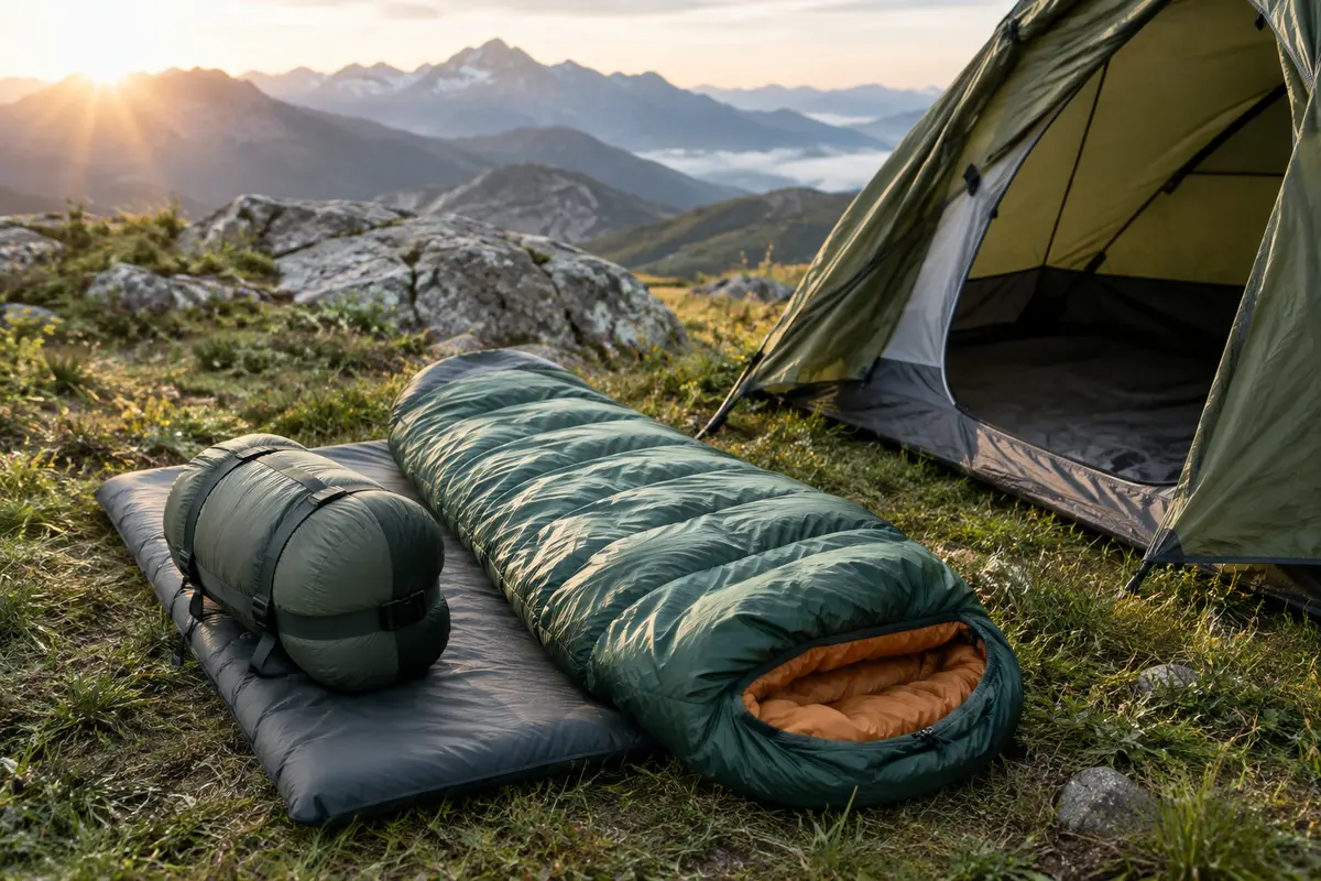 Deux sacs de couchage de randonnée comparés près d’une tente et d’un matelas de bivouac