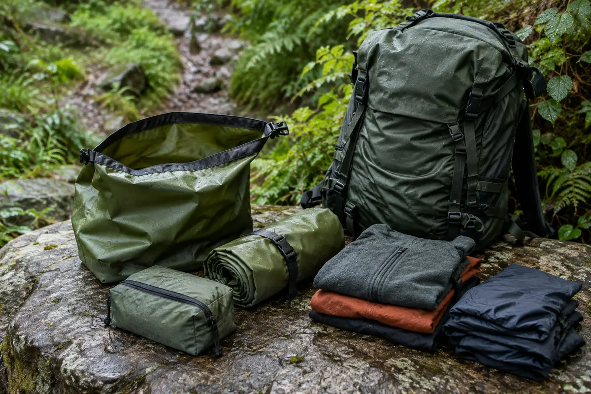 Sac étanche roulé posé près d’un sac à dos et de vêtements de randonnée sur une roche humide.