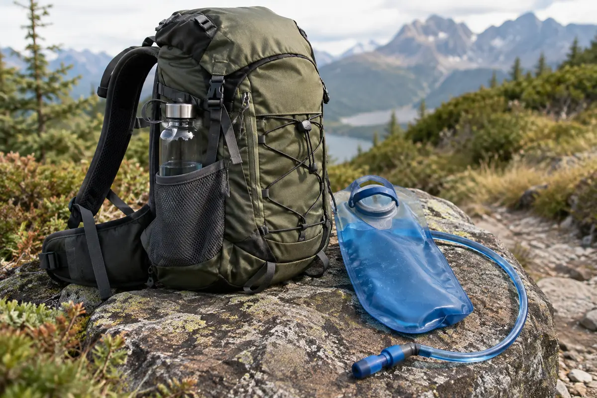 Sac de randonnée avec une gourde en poche latérale et une poche à eau posée à côté