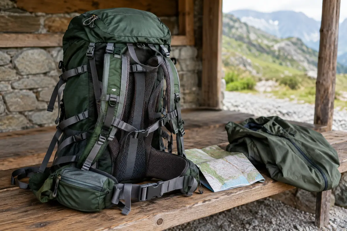 Sac à dos de randonnée posé sur un banc, avec ceinture ventrale et sangles de réglage visibles.