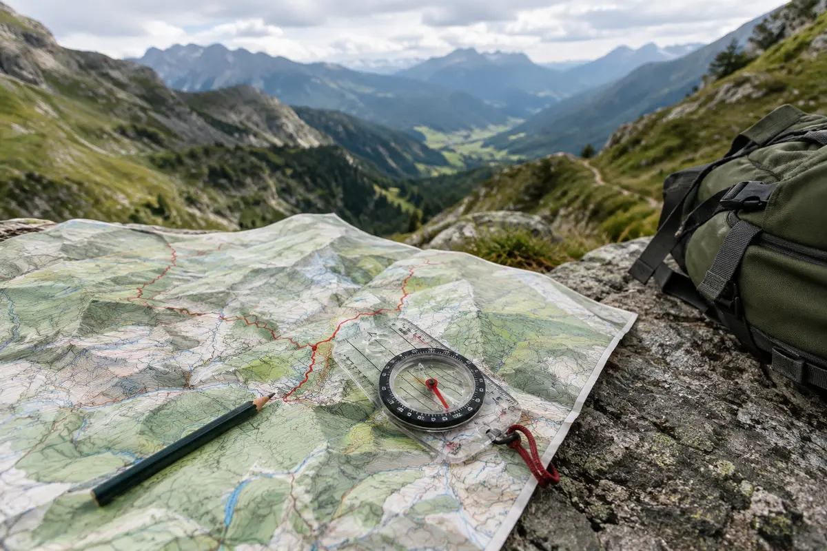 Boussole posée sur une carte topographique face à une vallée de montagne où le sentier est peu visible