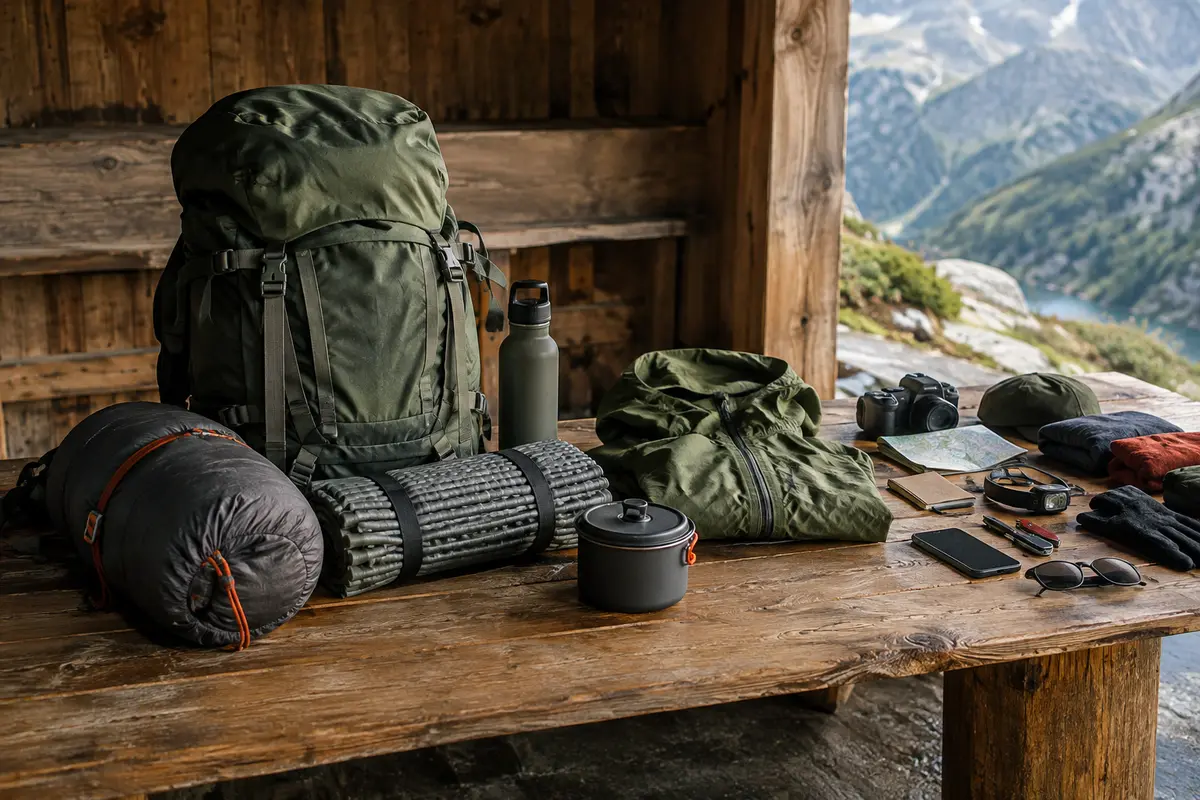 Sac de randonnée entouré de matériel de journée et de couchage pour un trek avec bivouac
