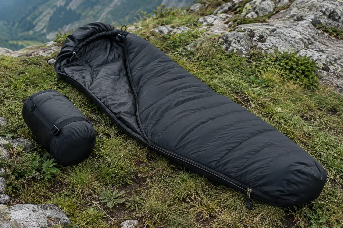 Sac de couchage momie noir avec capuche réglable posé sur l’herbe près d’un sol minéral.