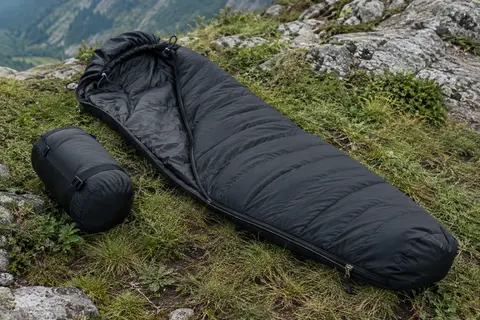 Sac de couchage momie noir avec capuche réglable posé sur l’herbe près d’un sol minéral.