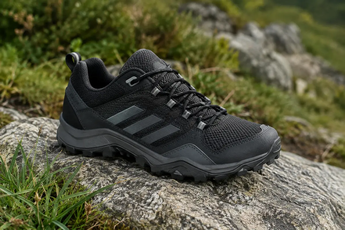 Chaussure de randonnée noire à tige textile, lacets, bout renforcé et semelle à crampons Traxion