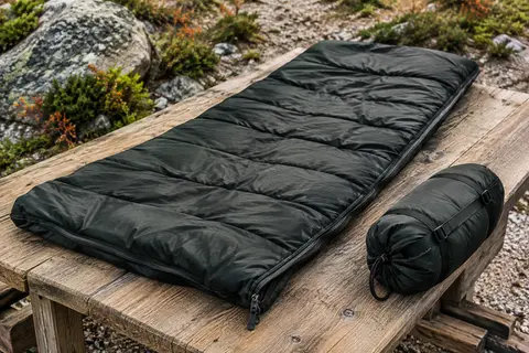 Sac de couchage rectangulaire noir Agemore déplié sur une table de bivouac en bois brut