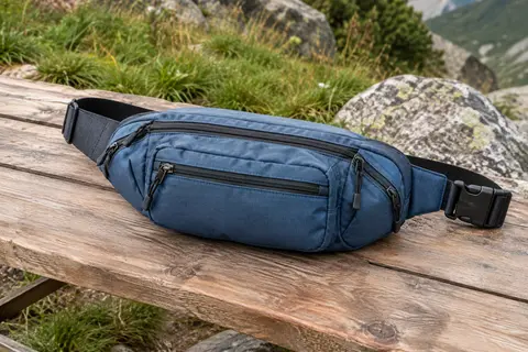 Sacoche banane de randonnée en nylon bleu jeans, avec poches zippées et sangle réglable, posée sur une table en bois.