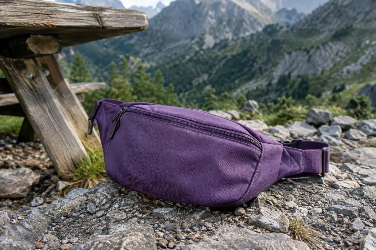 Sac banane de randonnée AirZyx violet en polyester, posé sur un sol minéral avec sa fermeture à glissière visible.