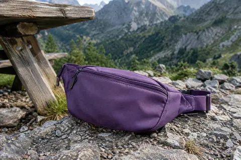 Sac banane de randonnée AirZyx violet en polyester, posé sur un sol minéral avec sa fermeture à glissière visible.