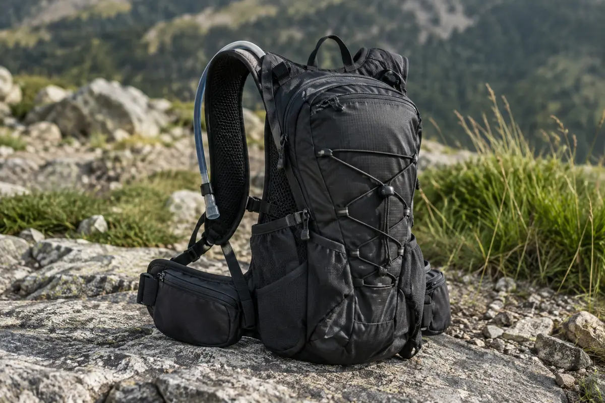 Sac à dos d’hydratation noir avec poches latérales, sangles réglables et porte-casque élastique.