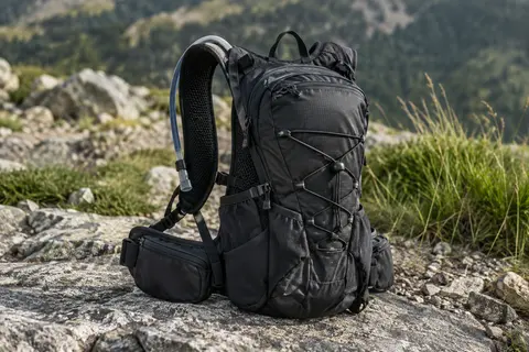Sac à dos d’hydratation noir avec poches latérales, sangles réglables et porte-casque élastique.