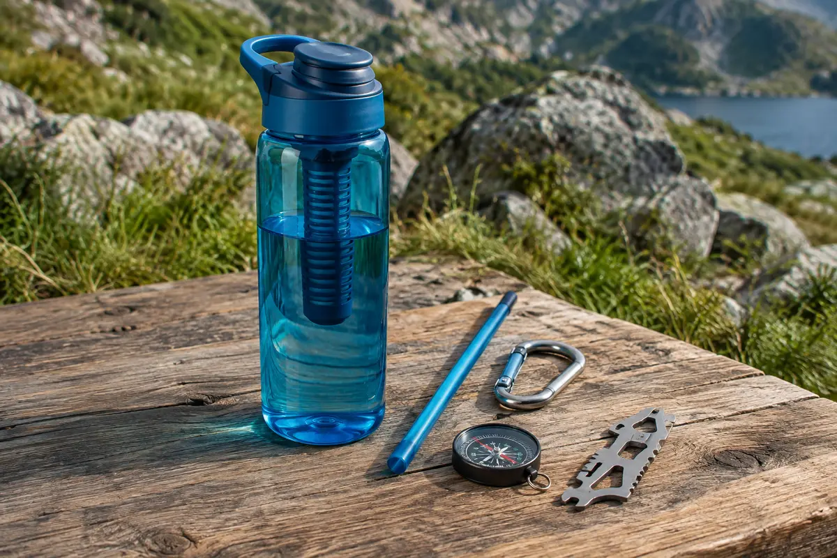Gourde filtrante bleu océan avec filtre et accessoires posée sur une table de bivouac en bois brut