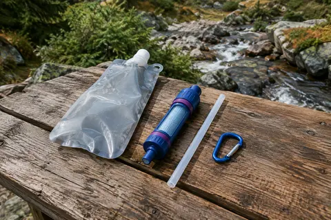 Mini paille filtrante bleu et violet avec flasque souple, mousqueton et paille classique sur une table de bivouac