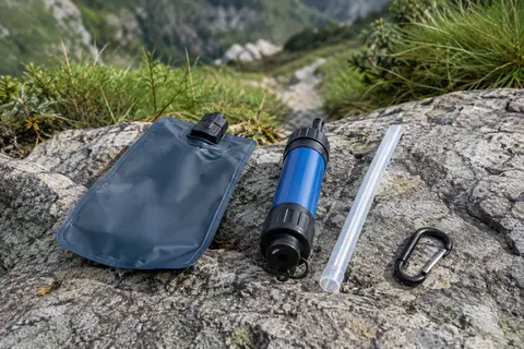 Paille filtrante bleu et noir avec flasque souple et mousqueton posée sur une pierre en montagne