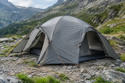 Tente dôme grise pour deux personnes sur un sol minéral, avec ses deux portes et ses vestibules visibles