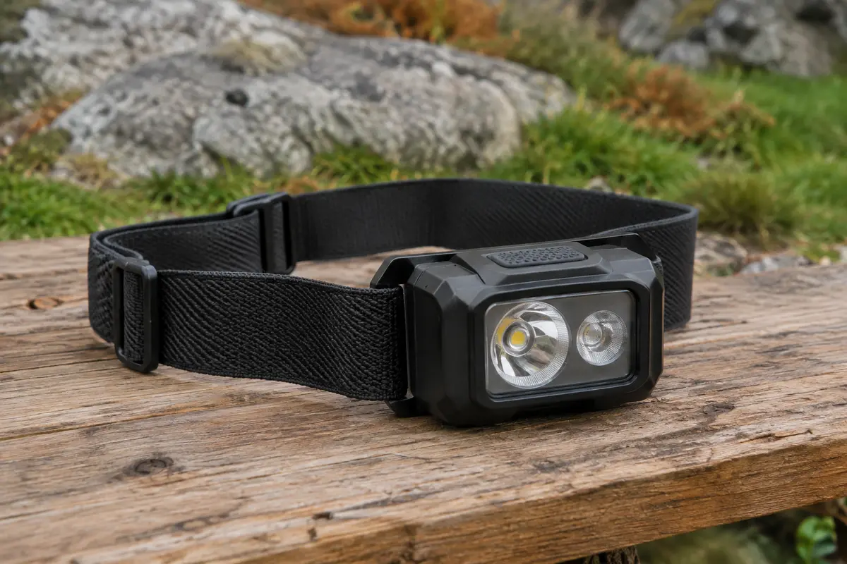 Lampe frontale noire Blukar à double source lumineuse posée sur une table de bivouac en bois
