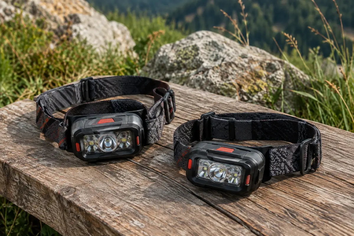 Deux lampes frontales Blukar noires et rougeâtres posées sur une table de bivouac en bois