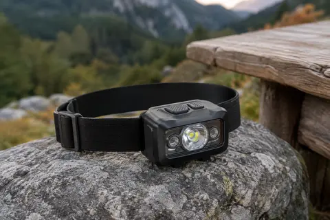 Lampe frontale noire à bandeau élastique posée sur une pierre grise près d’une table de bivouac