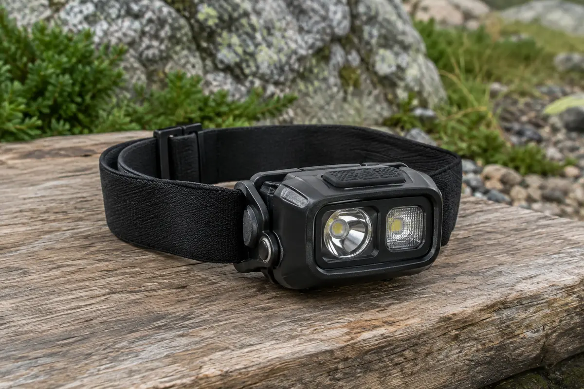 Lampe frontale noire à deux LED avec bandeau élastique, posée sur une table de bivouac en bois brut.