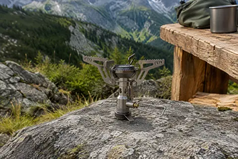Petit réchaud de randonnée BRS en titane gris, déployé sur une surface minérale en plein air